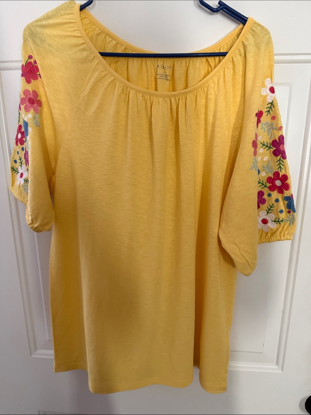 Talbots Yellow Scoop Neck Top with Floral Embroidered Sleeves